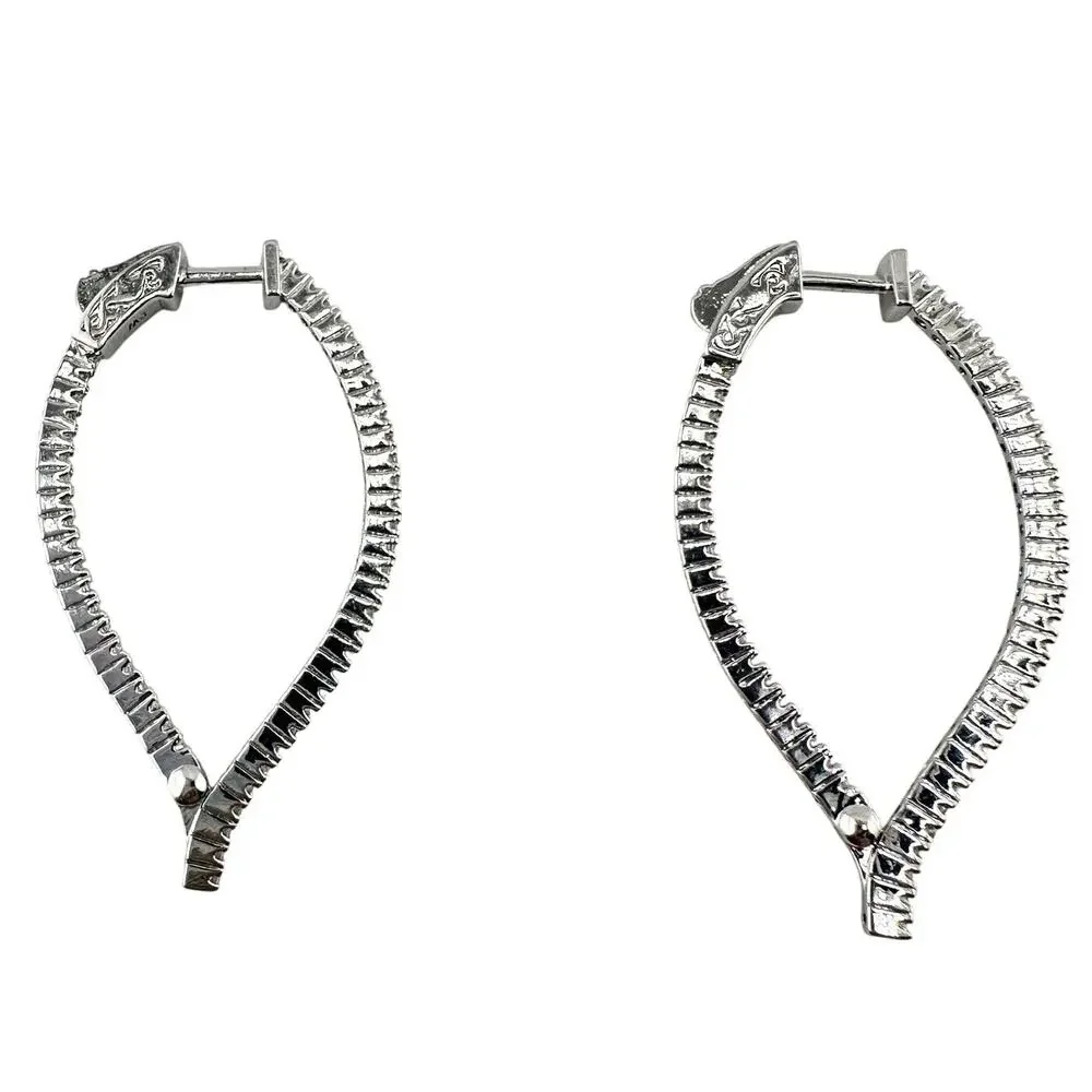 Cubic Zirconia Elegant Formal Inside Out Silver Tone Signed SW 1.5 Hoop Earrings